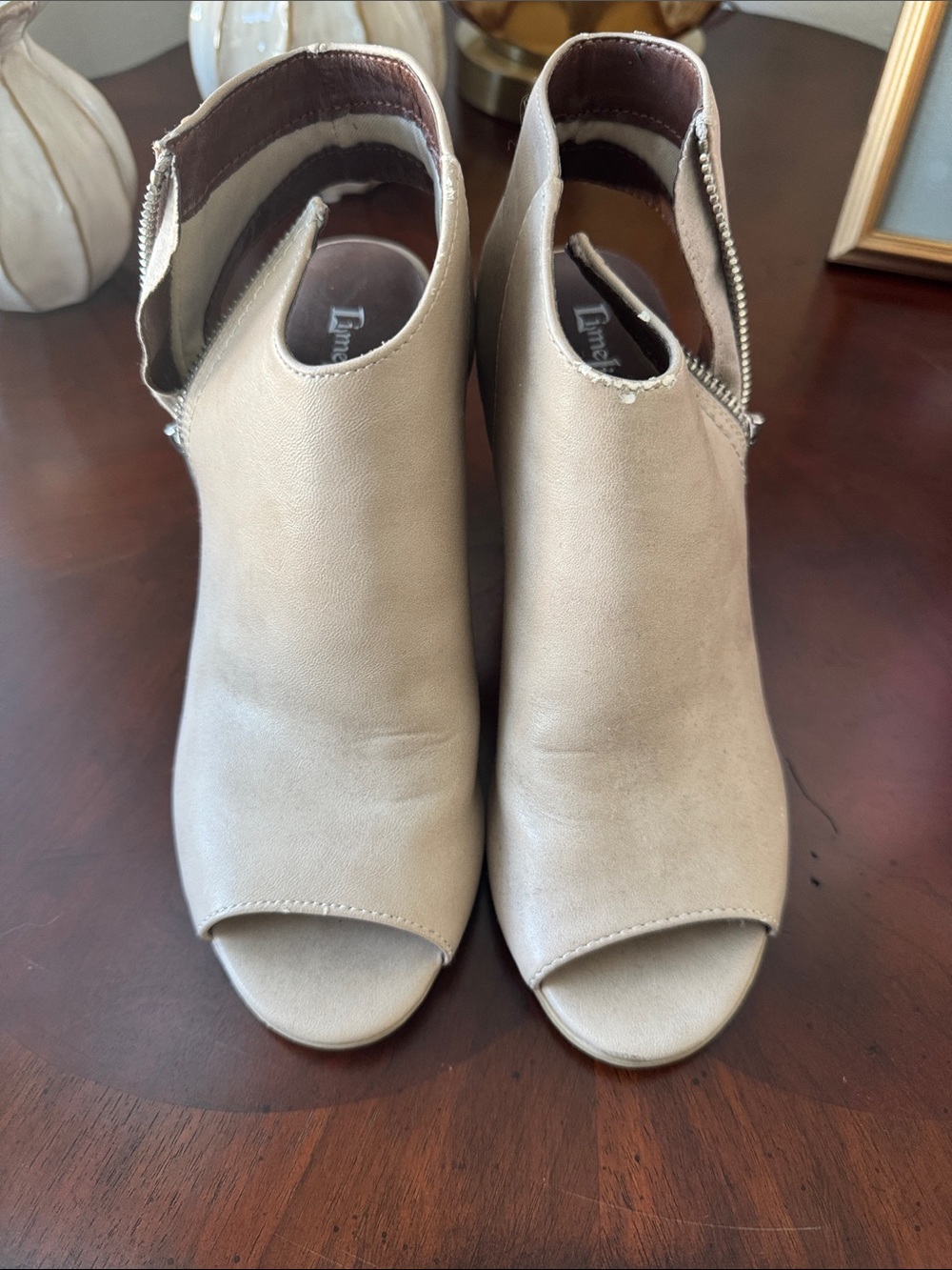 Limelight Taupe Open-Toe Ankle Booties with Side Zip